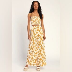 Lulus Match the Vibe Ivory and Yellow Floral Print Wide Leg Pants size large
